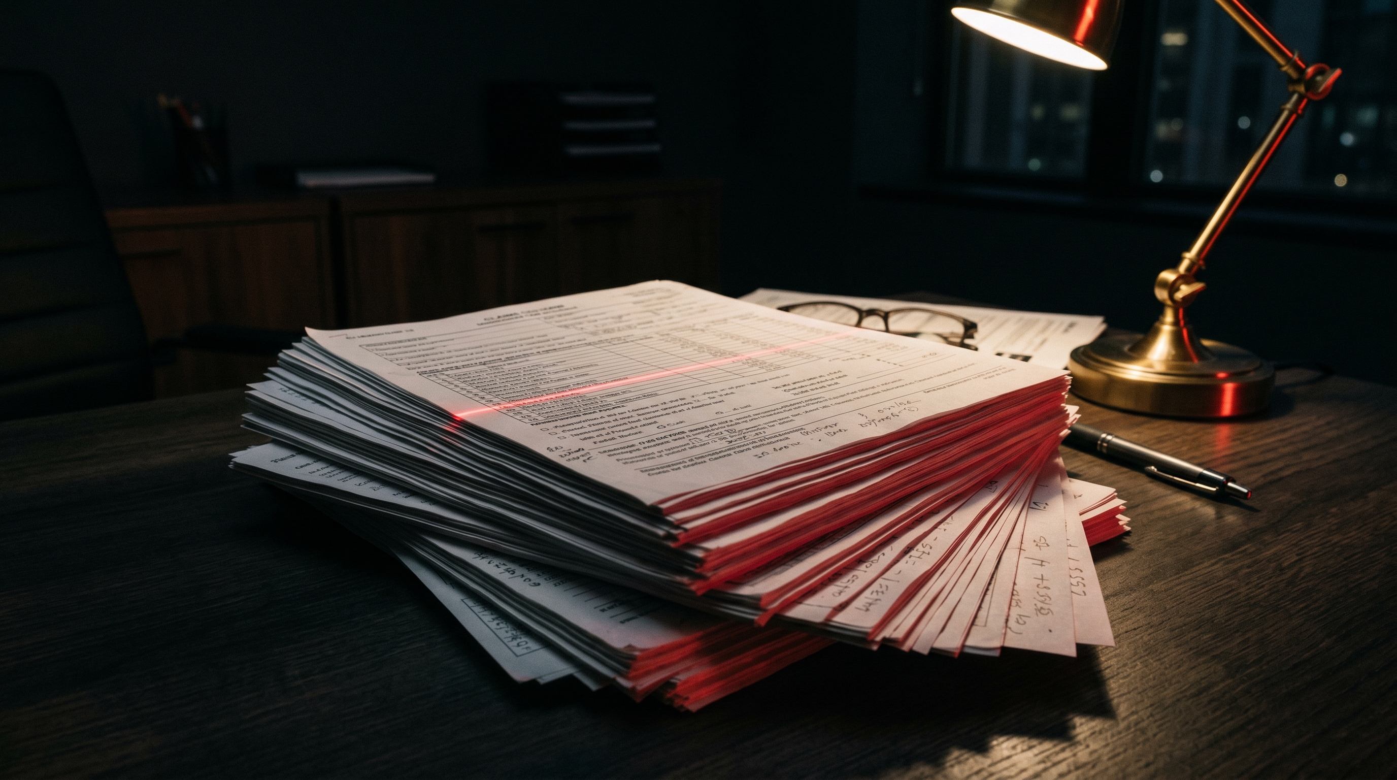 A stack of dense insurance claim documents on a dark desk, a red line of light reading across the top page